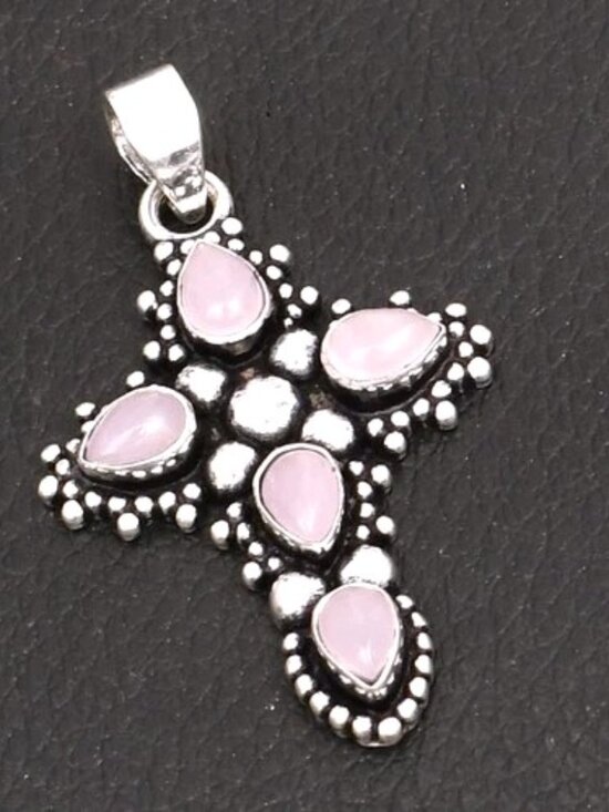 sterling Jewelry - Rose Chalcedony Gemstone Sterling Silver Cross Pendant